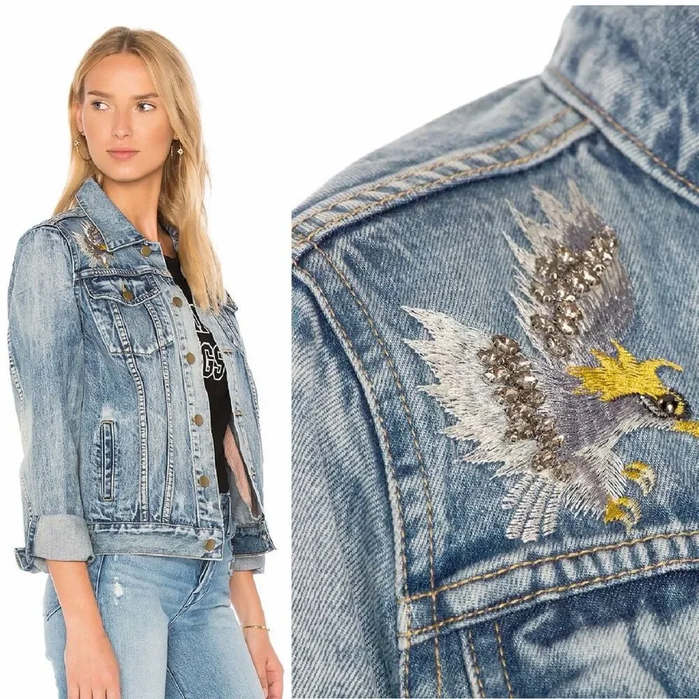 Pam & Gela Statement Embroidered Denim Jacket Vintage Blue Size S - Picture 12 of 12